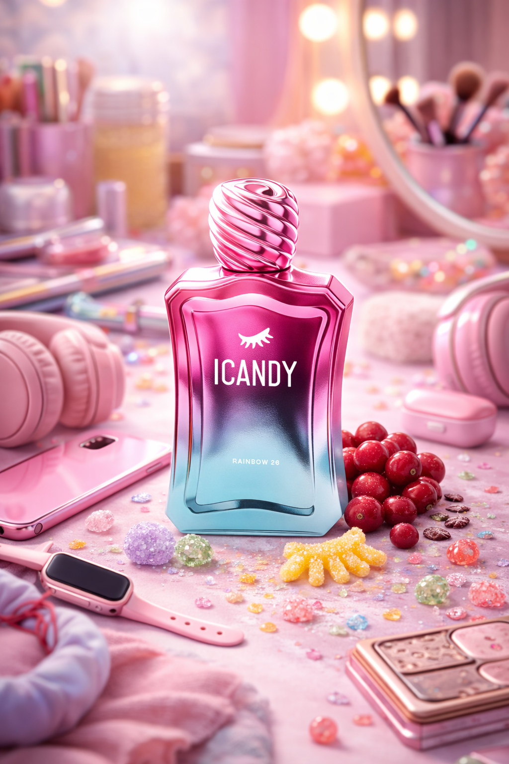 ICANDY Rainbow 26 Eau de Parfum bottle on a pastel vanity table with make-up and sweets
