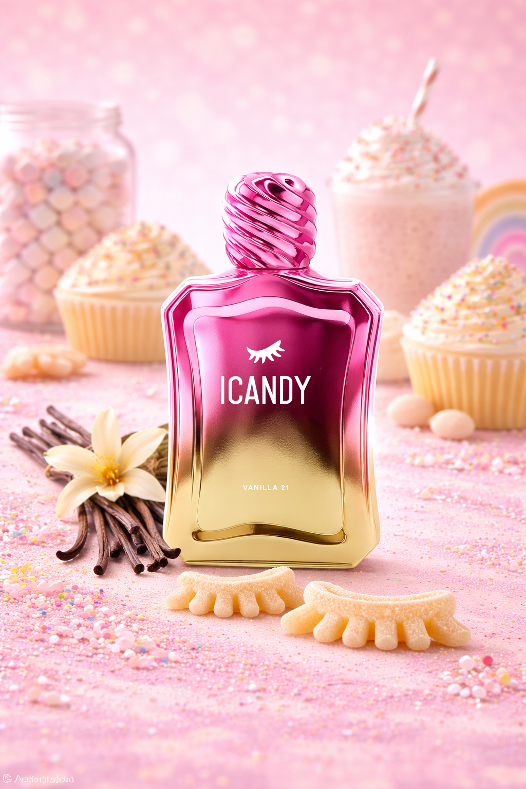 ICANDY Vanilla Milkshake 21 Eau de Parfum bottle in a pastel dessert scene with sweets and treats