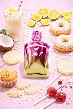 ICANDY Vanilla Milkshake 21 Eau de Parfum bottle in a pastel flat lay with ingredients and sweets that inspire the scent