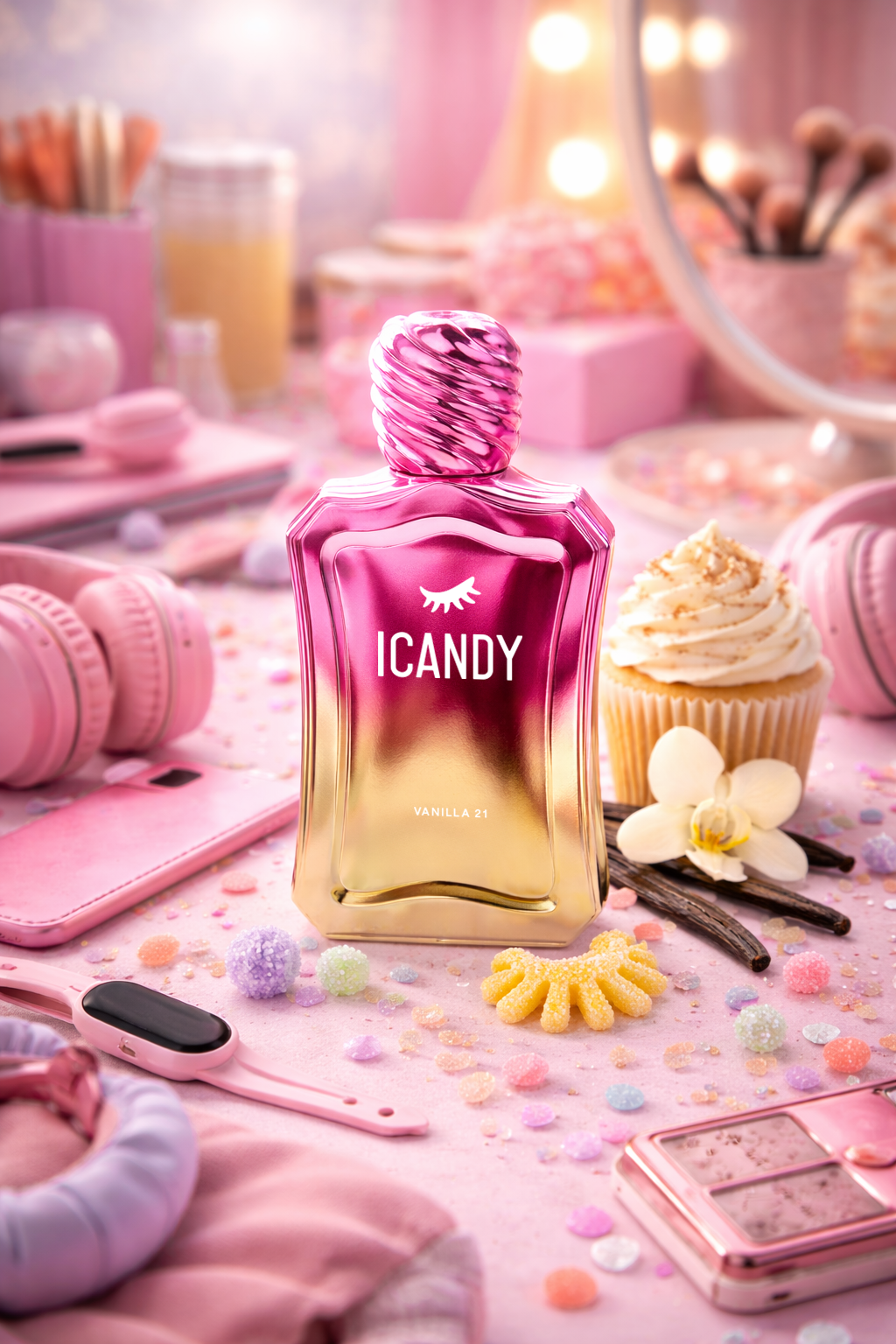 ICANDY Vanilla Milkshake 21 Eau de Parfum bottle on a pastel vanity table with make-up and sweets